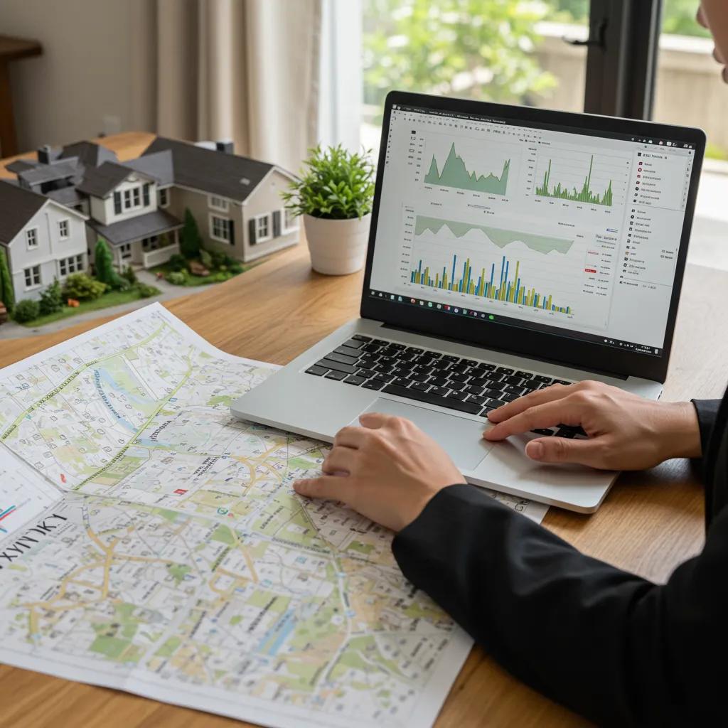 A real estate agent examining a neighborhood map, emphasizing the critical role of local market knowledge in real estate decisions