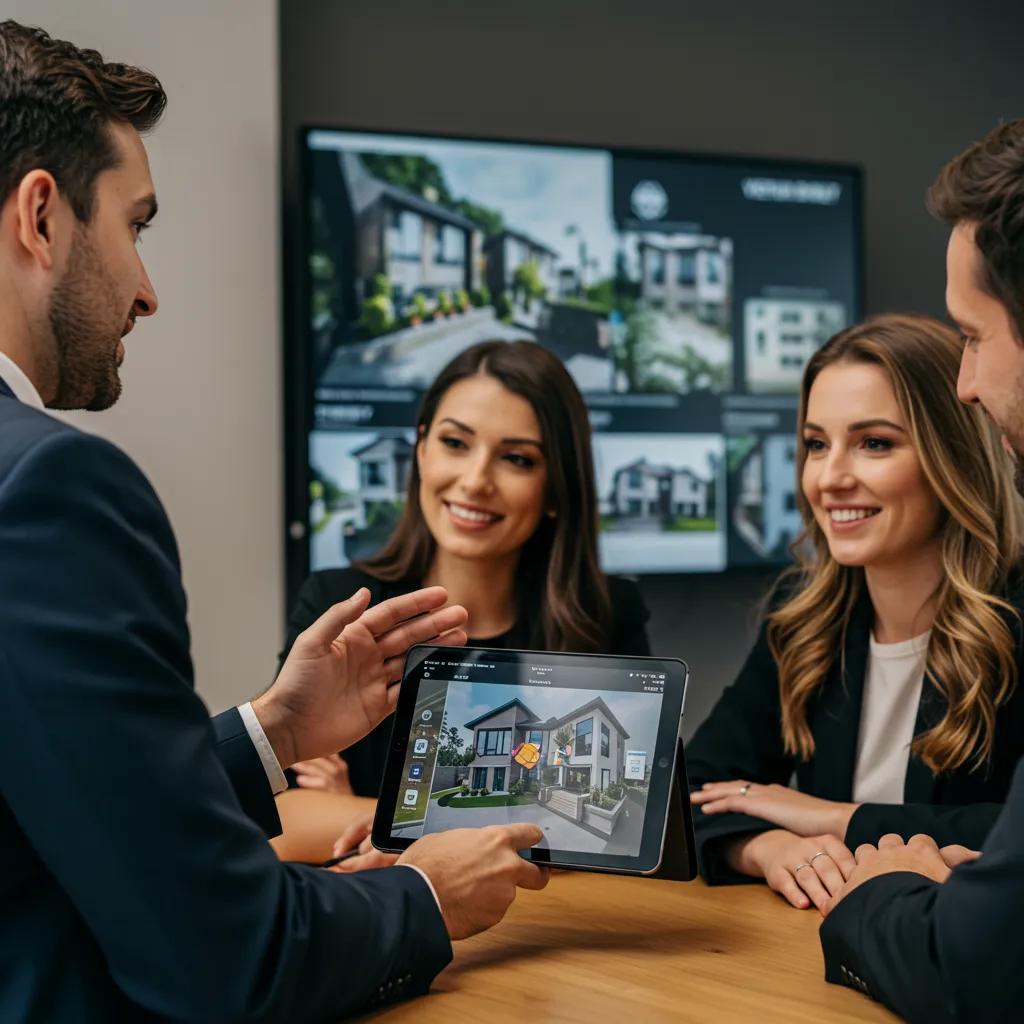 A real estate agent using a tablet to showcase a virtual property tour, demonstrating how technology enhances real estate marketing