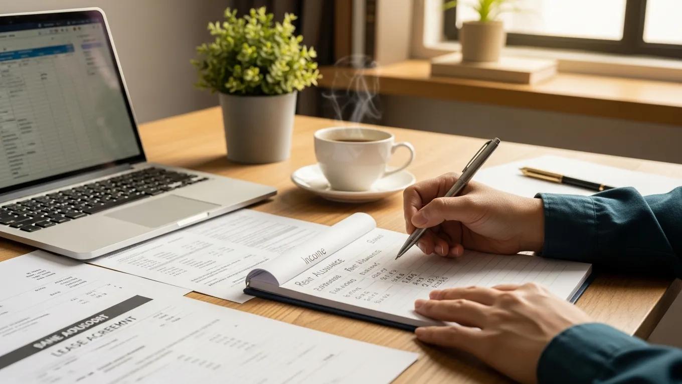 Smart Tips for Finding an Apartment 2 Person calculating rental budget with financial documents and laptop