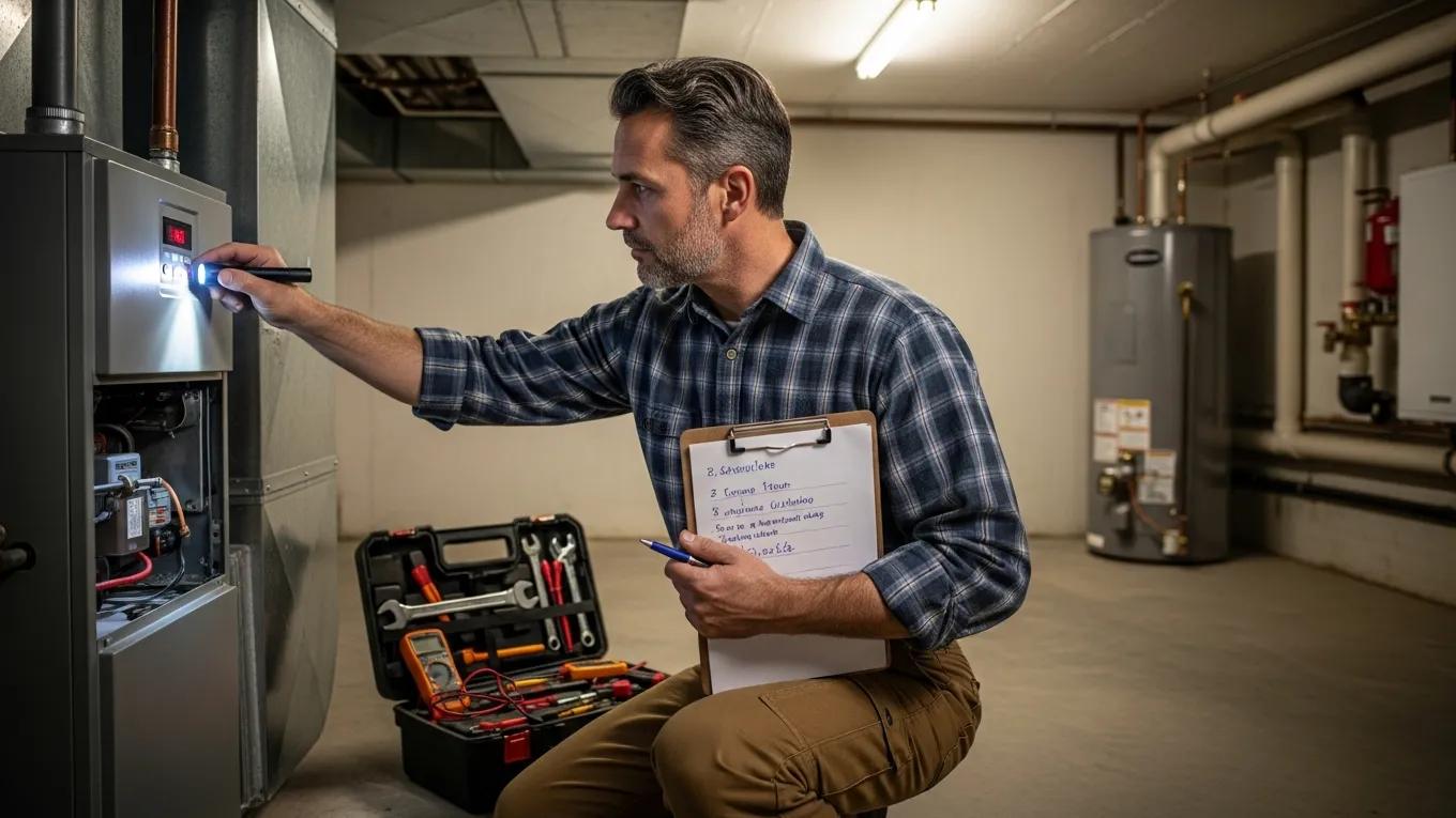 Proven Property Upkeep Tips for Successful Rental Management 2 Landlord inspecting HVAC systems and plumbing for maintenance tasks